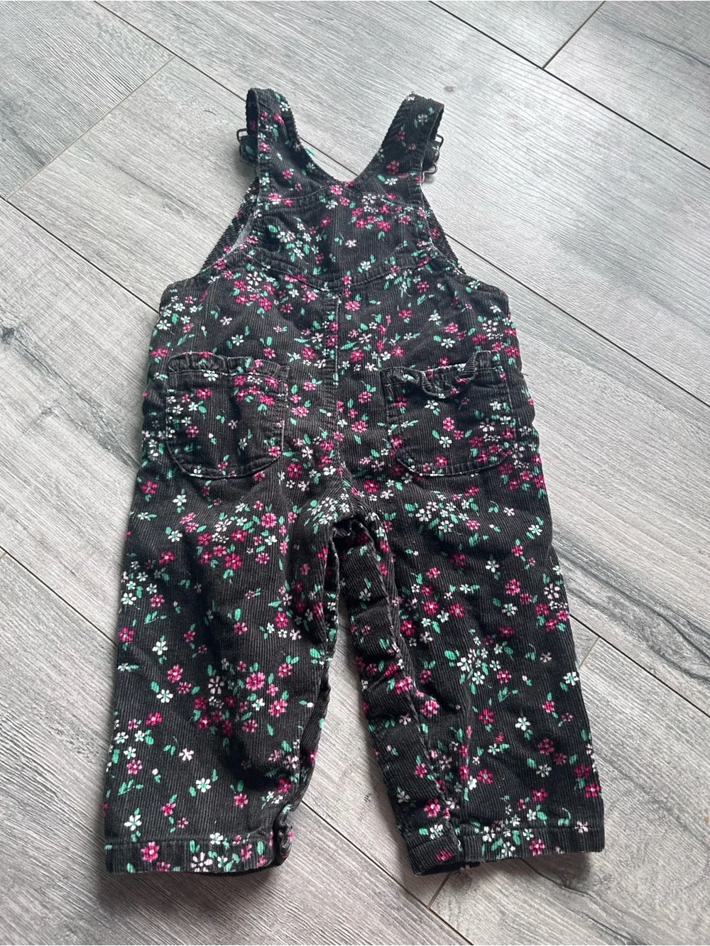 OshKosh B'gosh Black Floral Corduroy Overalls with Pink & Teal Flowers